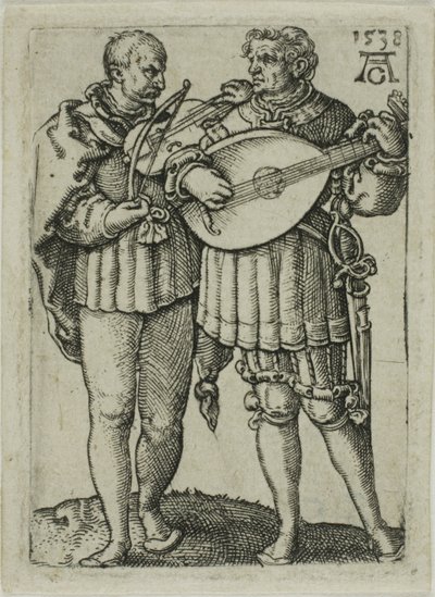 Zwei Musiker, die Geige und Laute spielen, Platte eins aus den Kleinen Hochzeitstänzern von Heinrich Aldegrever