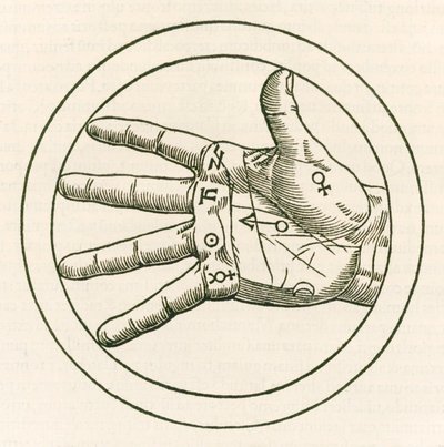 Die Hand der Chiromantie, Gravur aus Heinrich Cornelius Agrippa von Nettesheim (1486-1535) De occulta philosophia libri tres, veröffentlicht 1533 von Heinrich Cornelius Agrippa von Nettesheim