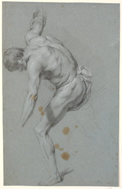 Stehendes, nach vorne gebeugtes männliches Modell mit ausgestreckten Armen von Heinrich Dittmers