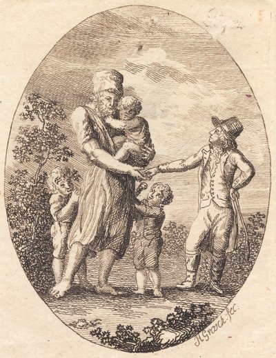Ein Herr gibt einem Mann mit zwei Kindern ein Trinkgeld von Heinrich Grosch