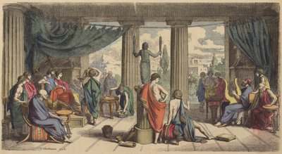 Ein königlicher Hof im antiken Griechenland (kolorierte Gravur) von Heinrich Leutemann