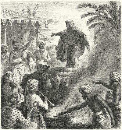 Suttee, hinduistisches Begräbnisritual (Stich) von Heinrich Leutemann