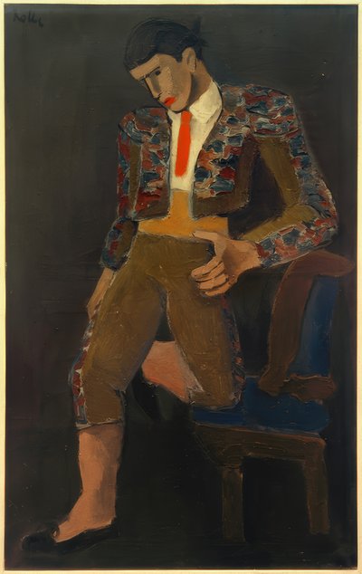 Torero mit einem Knie sich auf einen Stuhl stützend von Helmut Kolle