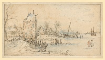 Ortschaft mit Wachtturm und Kirche am Seeufer von Hendrick Avercamp