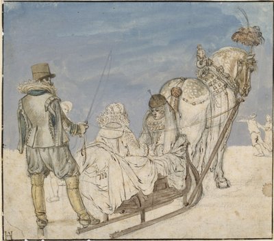 Winter: Schlitten auf dem Eis mit zwei Damen und einem Herrn von Hendrick Avercamp
