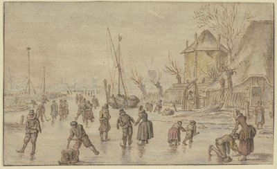 Winterlandschaft, auf dem Eis viele Schlittschuhläufer, rechts schnallt ein Mann einer Frau die Schlittschuhe an von Hendrick Avercamp