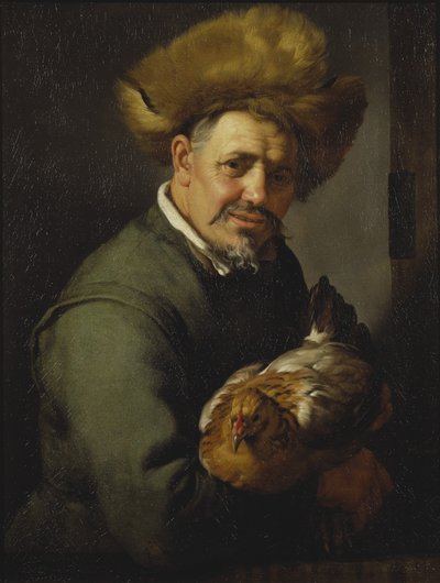 Alter Mann mit einer Henne von Hendrick Bloemaert