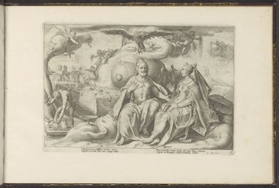 Jupiter und Juno diskutieren über die Frage, bei welchem Geschlecht die Lust in der Liebe größer ist von Hendrick Goltzius (workshop of)