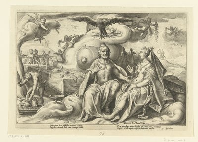 Jupiter und Juno diskutieren über die Frage, bei welchem Geschlecht die Lust in der Liebe größer ist von Hendrick Goltzius (workshop of)