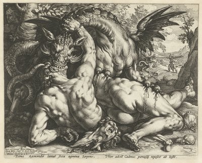 Gefährten von Kadmos von einem Drachen verschlungen von Hendrick Goltzius