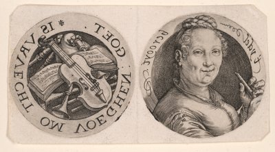 Büste einer Frau mit Flöte und Musikinstrumenten auf einem Blatt von Hendrick Goltzius