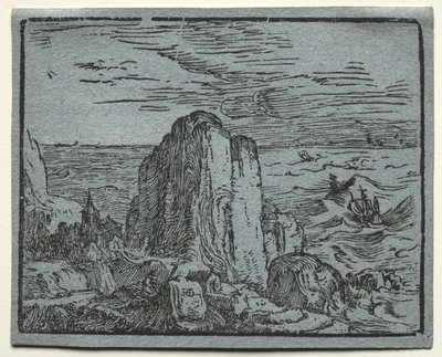 Vier kleine Landschaften: Nr. 4, Klippe am Meer von Hendrick Goltzius