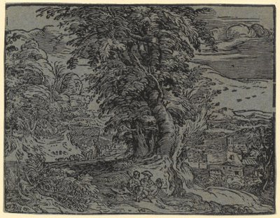 Landschaft mit sitzendem Paar und Hirte, Blatt 2 der Folge „Vier kleine Landschaften“ von Hendrick Goltzius