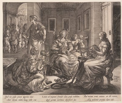 Lucretia und ihre Frauen beim Spinnen, aus Die Geschichte der Lucretia von Hendrick Goltzius