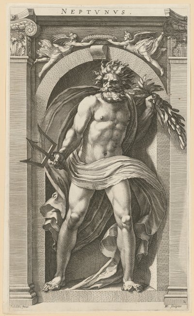 Neptun, Blatt 2 der Folge "Acht antike Gottheiten" von Hendrick Goltzius