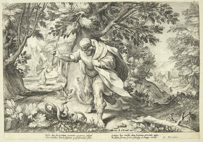 Teiresias schlägt zwei paarende Schlangen mit seinem Stock von Hendrick Goltzius