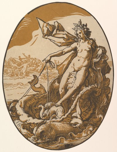 Tethys, in einem riesigen, von zwei Meereswesen gezogenen Muschelwagen liegend, aus „The Deities“ von Hendrick Goltzius
