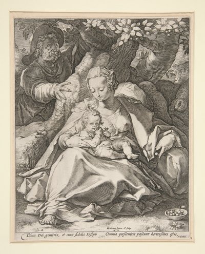 Die Heilige Familie unter dem Kirschbaum / Rast auf der Flucht nach Ägypten unter einem Kirschbaum von Hendrick Goltzius
