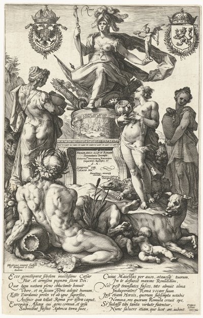 Titelblatt für die Druckserie Die römischen Helden von Hendrick Goltzius