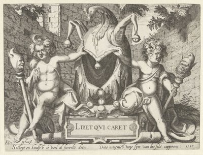 Zwei Putti mit einer Narrenkappe von Hendrick Hondius (I)
