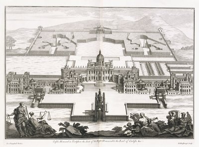 Schloss Howard in Yorkshire, aus "Vitruvius Britannicus" oder "Der britische Architekt, der die Pläne, Erhebungen und Abschnitte der regelmäßigen Gebäude sowohl öffentlich als auch privat in Großbritannien enthält" von Colin Campbell von Hendrick Hulsberg