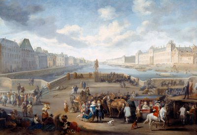 Brücke über die Seine, Detail der Ansicht von Paris mit dem Louvre von Hendrick Mommers