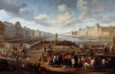 Blick auf Paris mit dem Louvre, aufgenommen von der Henri-IV-Brücke (heutige Pont Neuf). von Hendrick Mommers