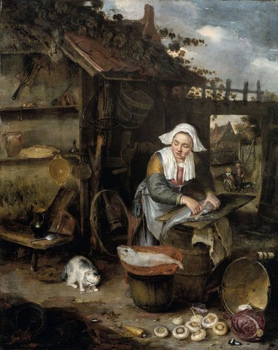 Eine Hausfrau im Innenhof beim Fischeputzen von Hendrick Potuyl