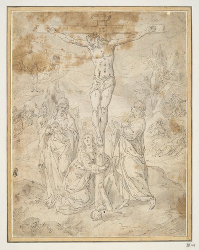 Christus am Kreuz zwischen der Jungfrau und St. Johannes mit Szenen der Passion im Hintergrund von Hendrick de Clerck