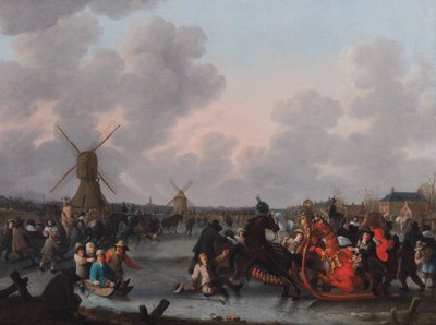 Eine Winterlandschaft mit zahlreichen Pferdeschlitten auf dem Eis von Hendrick de Meijer
