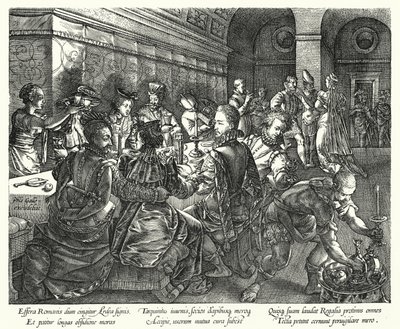 Das Bankett im Haus des Tarquinius (Gravur) von Hendrik (after) Goltzius