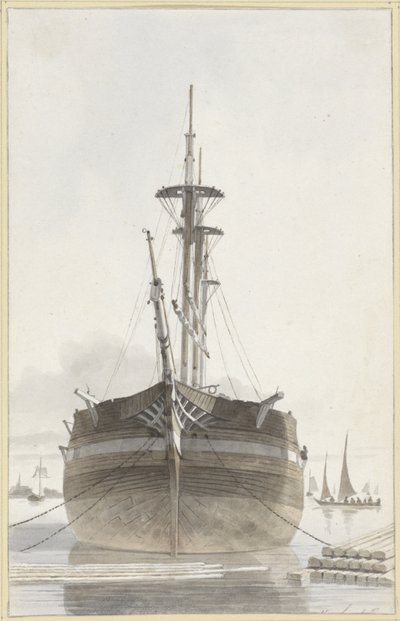 Segelschiff von vorne gesehen in einem Holzhafen von Hendrik Abraham Klinkhamer