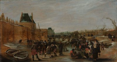 Herumtollen auf einem zugefrorenen Kanal in einer Stadt, um 1615-1620 von Hendrik Avercamp