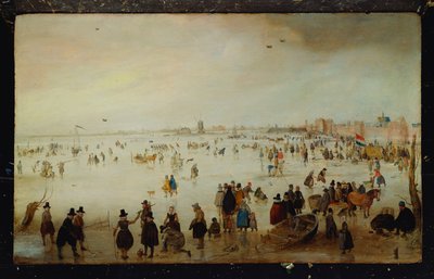 Schlittschuhläufer, Golfspieler, elegante Damen und Herren auf gefrorenen Flutgewässern bei der Broederpoort in Kampen von Hendrik Avercamp