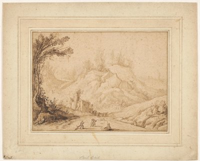 Berglandschaft mit Figuren auf einem Weg bei einem Gasthaus von Hendrick Cornelisz. Vroom