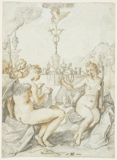 Allegorie auf die Kunst des Zeichnens mit dem Emblem des Künstlers, 1612 (Tinte, Kreide & Gouache auf Papier) von Hendrik Goltzius