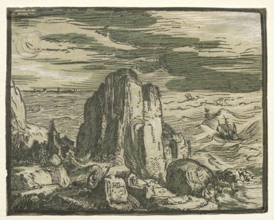 Aus einem Satz von 4 Landschaften: Klippe am Meer von Hendrik Goltzius