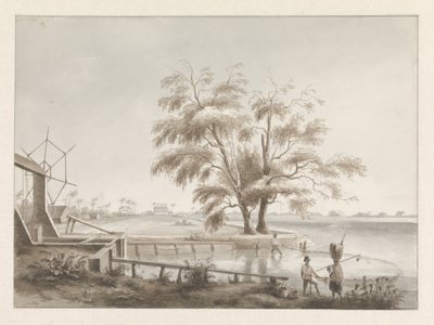 Ansicht einer Plantage mit einer Schleuse links von Hendrik Huygens