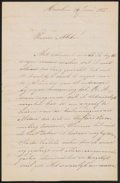 Brief aan August Allebé von Hendrik Jacobus Scholten