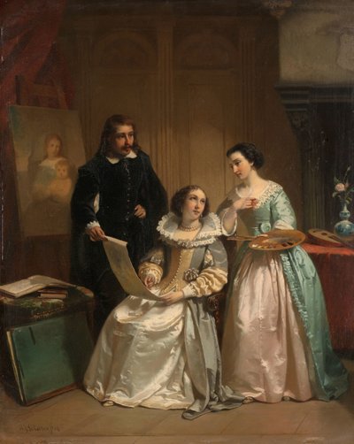 Gerard van Honthorst zeigt Amalia van Solms die Zeichnungen seiner Schülerin Louise von Böhmen von Hendrik Jacobus Scholten
