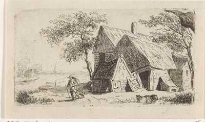 Mann mit Hund bei einem Bauernhof am Wasser von Hendrik Marcus Schouten