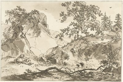 Hügelige Landschaft mit einem ruhenden Mann (Zwölf Entwürfe für das Landschaftszeichnen) von Hendrik Meijer