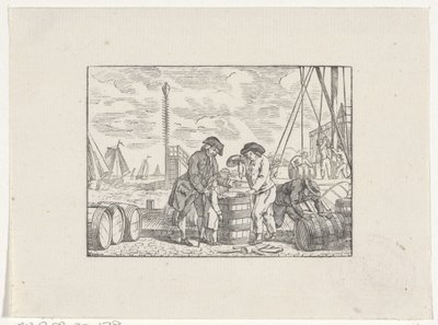 Männer auf einem Kai mit Fässern Fisch bei der Arbeit von Hendrik Numan