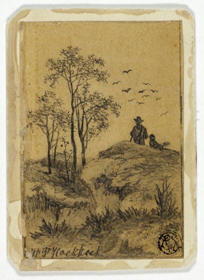 Jäger und Hund auf dem Hügel beobachten Vögel von Hendrik Pieter Koekkoek