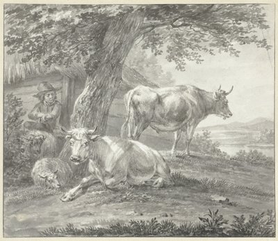 Zwei Kühe und zwei Schafe unter einem Baum bei einer Scheune von Hendrik Stokvisch
