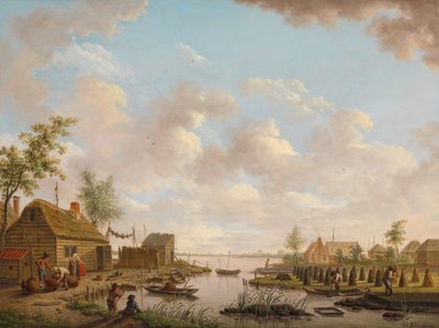 Landschaft mit Fischern und Bauern, die Torf in einem Moor stechen von Hendrik Willem Schweickhardt