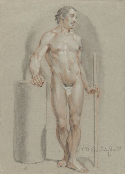 Stehender männlicher Akt, mit einem Stock in der Hand, auf einen Atelierzylinder gestützt von Hendrik Willem Schweickhardt