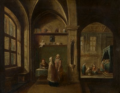 Ein Renaissance-Interieur mit Figuren: Die Geburt des heiligen Johannes von Hendrik the Younger Steenwyck
