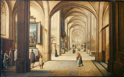 Kircheninneres mit einem Küster, der Besuchern ein Gemälde zeigt, 1608 von Hendrik the Younger Steenwyck