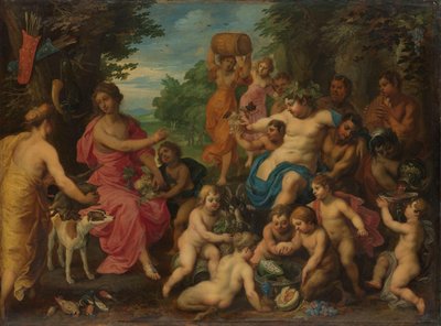 Diana wird von Bacchus und seinem Gefolge Wein und Früchte angeboten von Hendrik van Balen (I)